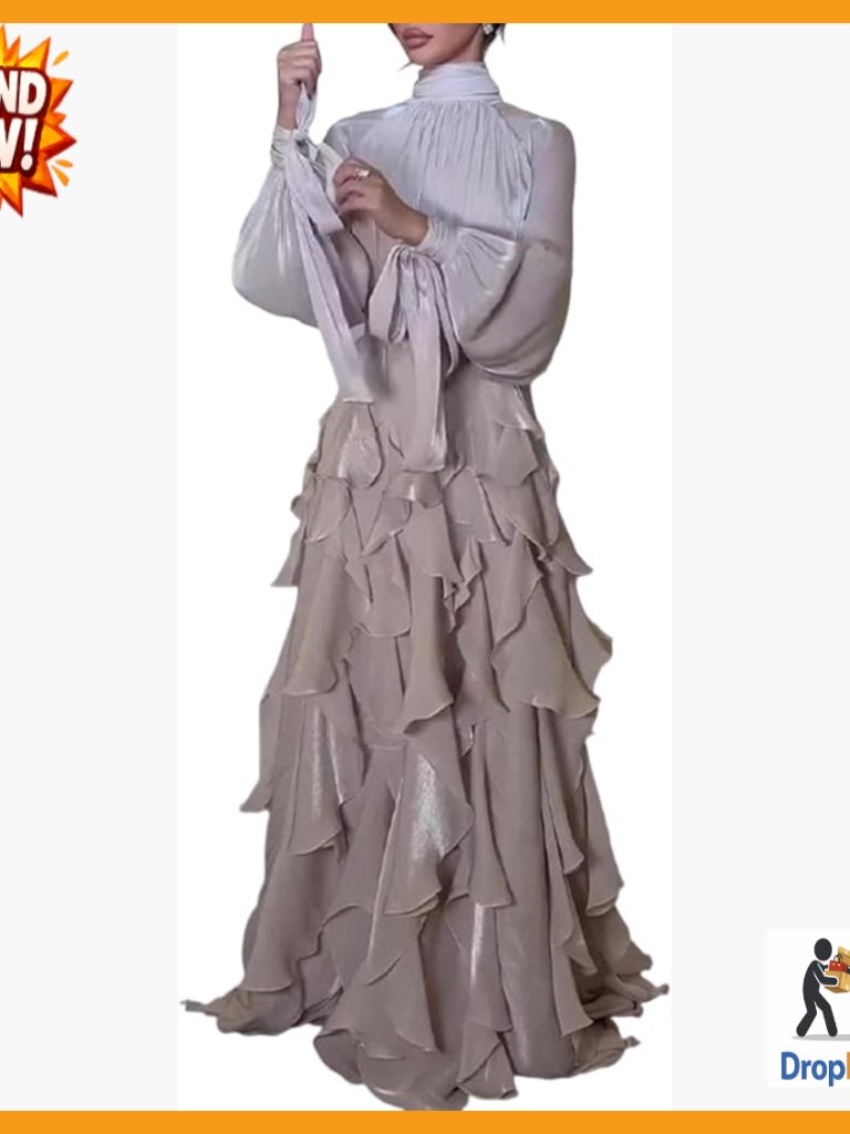 Ruffle Maxi Dress High Neck Smocked Tie Back Boho Fringe Tassel Flowy Wedding